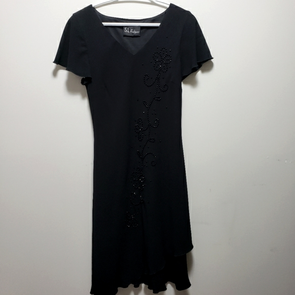 S.L.Fashion Cocktail Dress Black V-Neck Floral Beaded Frill Luxury Woman Small